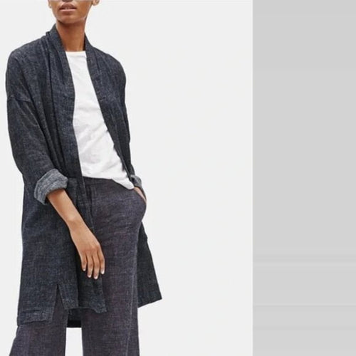 Consignment037 Eileen Fisher Tweedy Hemp Organic Cotton Long High Collar Coat Cardigan Size M