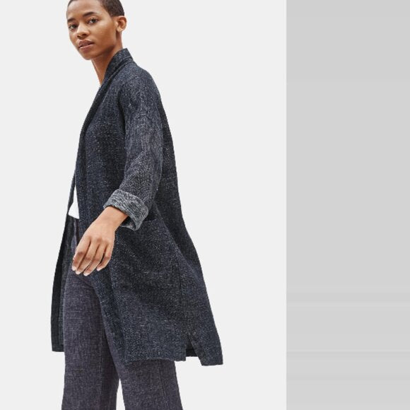 Consignment037 Eileen Fisher Tweedy Hemp Organic Cotton Long High Collar Coat Cardigan Size M