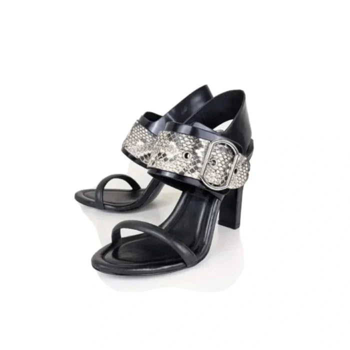 BCBGMaxAzria Nell Sandals Heels Leather in Black Snake