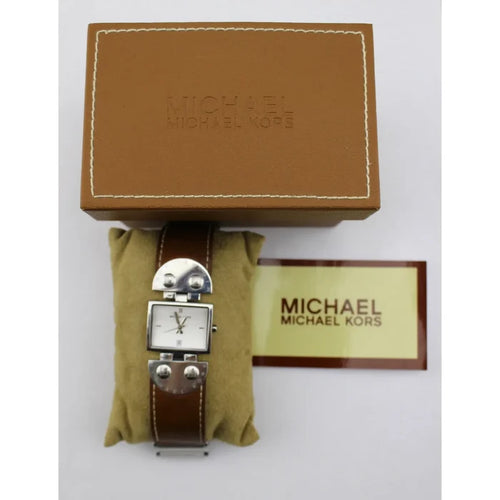 Michael Kors Brown Leather Silver Tone Stainless Steel Studded Watch