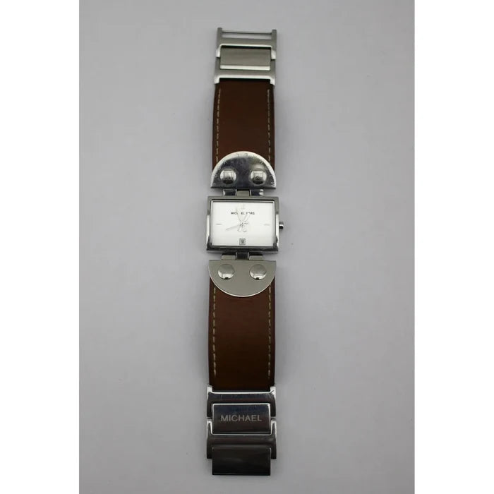 Michael Kors Brown Leather Silver Tone Stainless Steel Studded Watch
