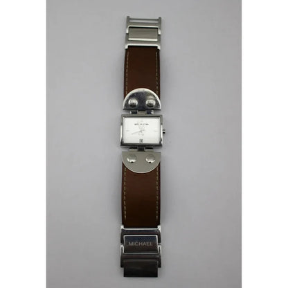 Michael Kors Brown Leather Silver Tone Stainless Steel Studded Watch