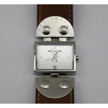 Michael Kors Brown Leather Silver Tone Stainless Steel Studded Watch