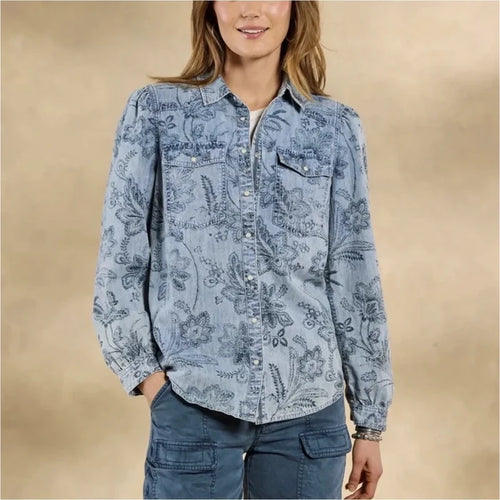 Sundance Floral Fountains Top Denim Blue Button Down