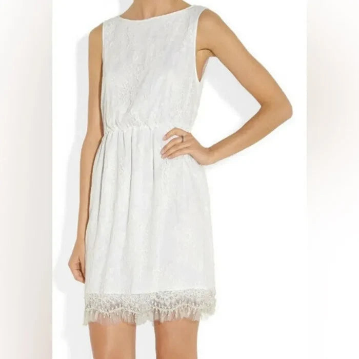 Alice + Olivia Denise Ivory Floral Lace Beaded Hem Dress