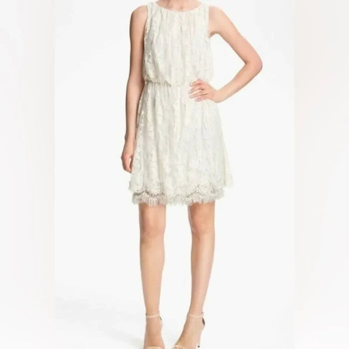 Alice + Olivia Denise Ivory Floral Lace Beaded Hem Dress