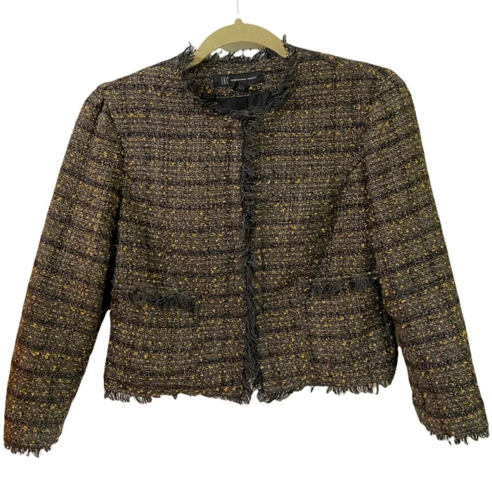 INC International Concepts Gold Collarless Tweed Blend Cropped Blazer