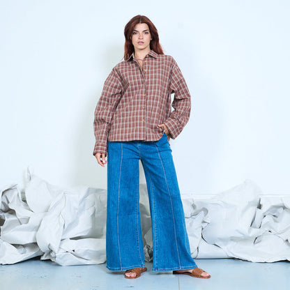 Contrast cuff plaid shirt wholesale