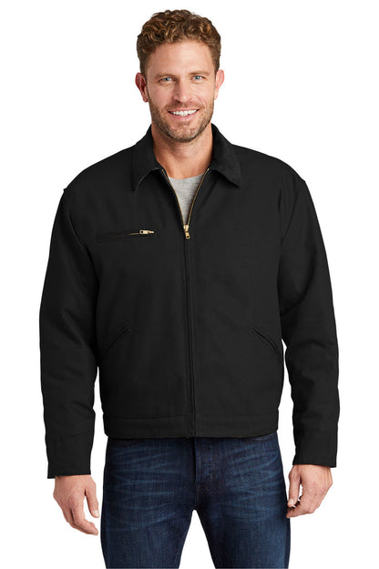 Male model wearing CornerStone Duck Cloth Work Jacket in black, featuring rugged canvas fabric, front zipper, and structured collar for a durable, professional look.