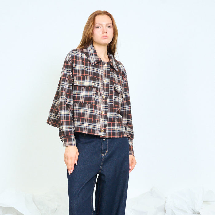 Cropped checked utility shirt jacket wholesale