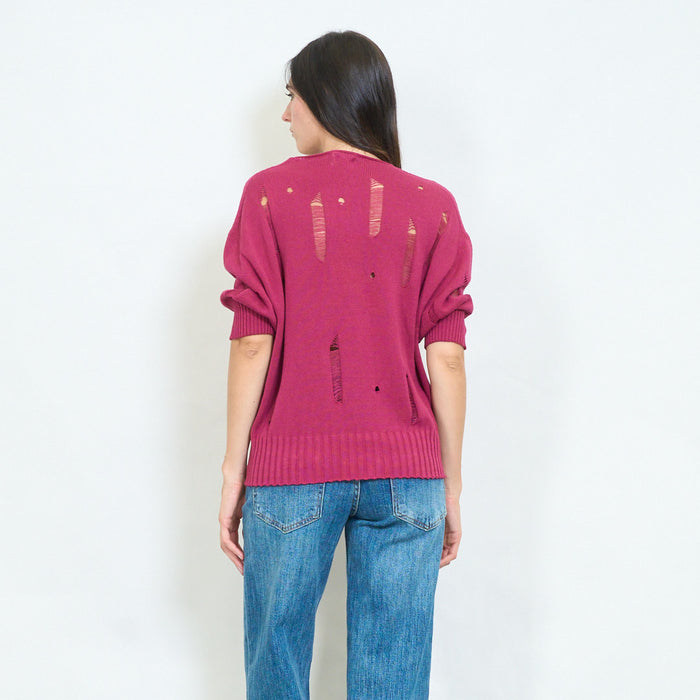Distressed v-neck knitted sweater with torn details wholesale