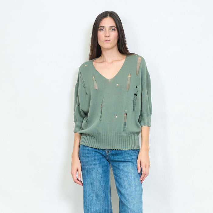 Distressed v-neck knitted sweater with torn details wholesale