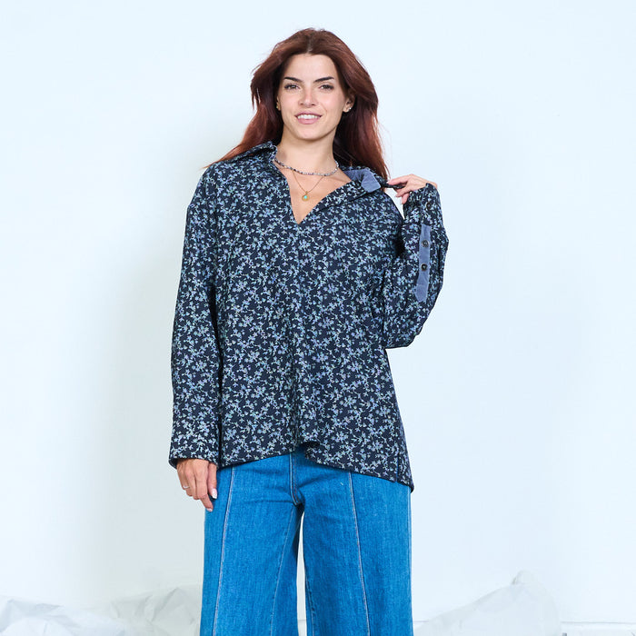 Ditsy floral contrast cuff blouse wholesale