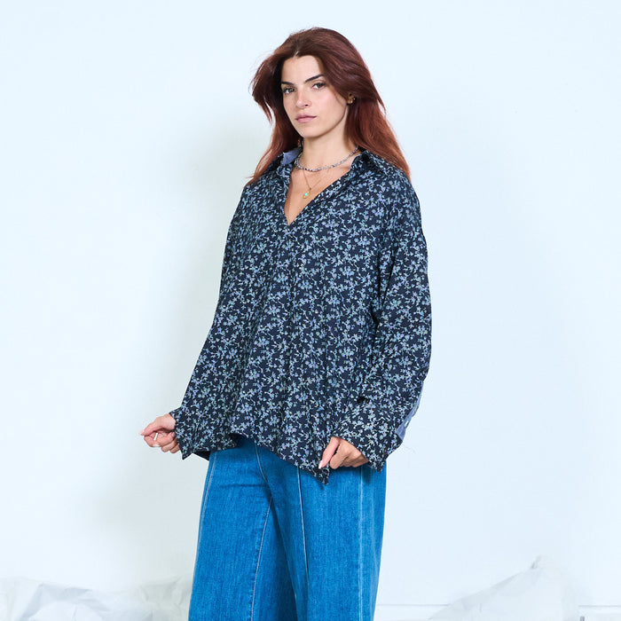 Ditsy floral contrast cuff blouse wholesale
