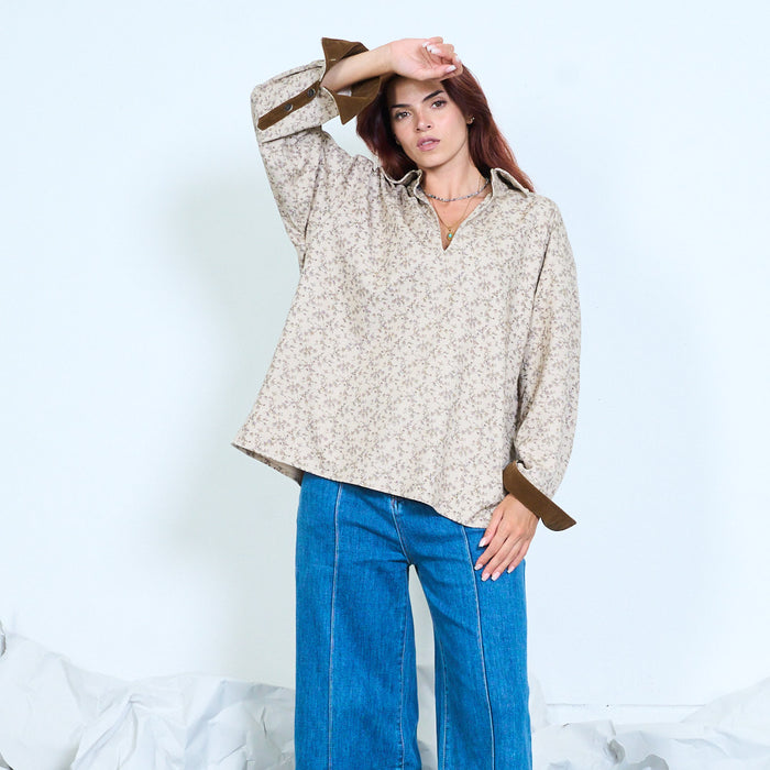 Ditsy floral contrast cuff blouse wholesale
