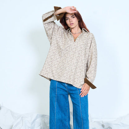 Ditsy floral contrast cuff blouse wholesale