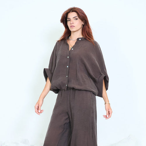 Drawstring hem button-front blouse with roll-up sleeves wholesale
