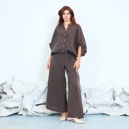 Drawstring hem button-front blouse with roll-up sleeves wholesale