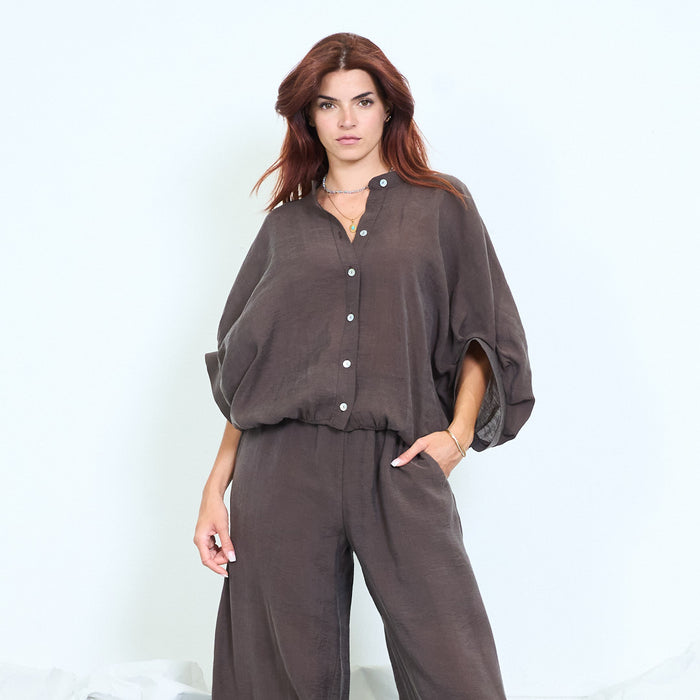 Drawstring hem button-front blouse with roll-up sleeves wholesale