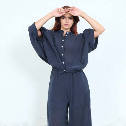 Drawstring hem button-front blouse with roll-up sleeves wholesale
