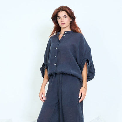 Drawstring hem button-front blouse with roll-up sleeves wholesale