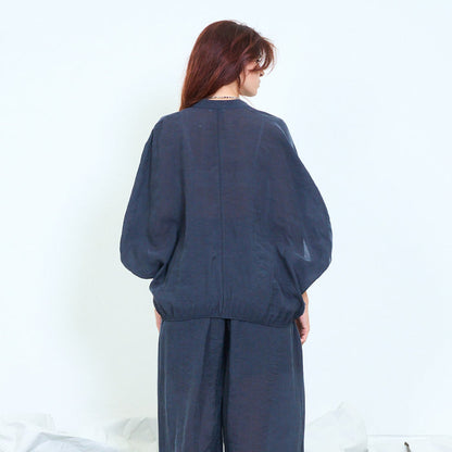 Drawstring hem button-front blouse with roll-up sleeves wholesale