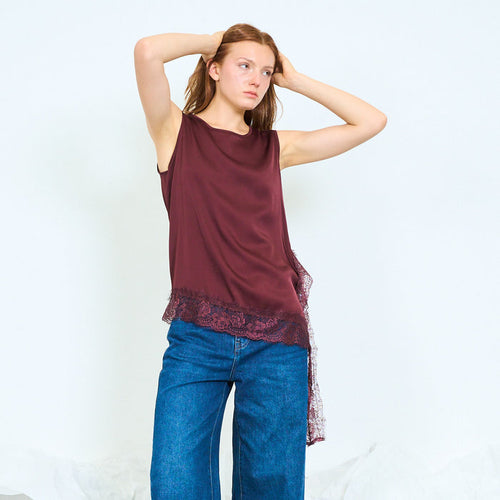 Elegant lace-panel asymmetric sleeveless top wholesale