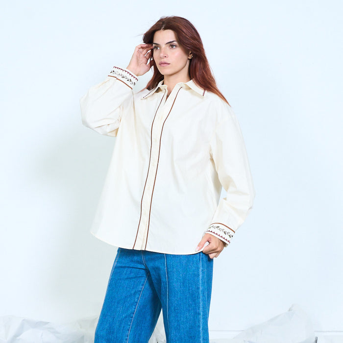 Embroidered trim cotton shirt wholesale