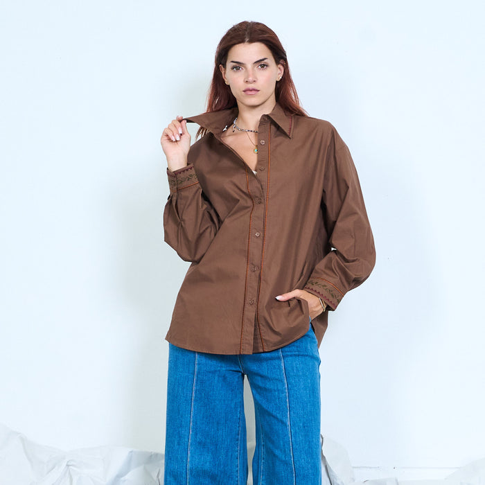 Embroidered trim cotton shirt wholesale