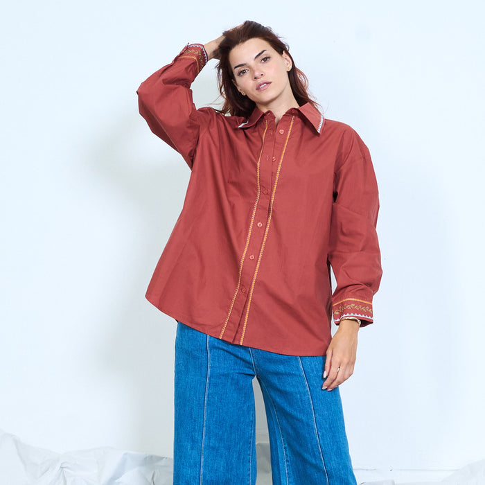 Embroidered trim cotton shirt wholesale