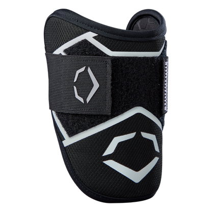The EvoShield SRZ-2 Youth Batter's Elbow Guard (WB57645) in black features Gel-to-Shell technology for custom-molded protection, Velcro strap, and angular logo designs. Ideal for young athletes to guard the elbow during sports activities.