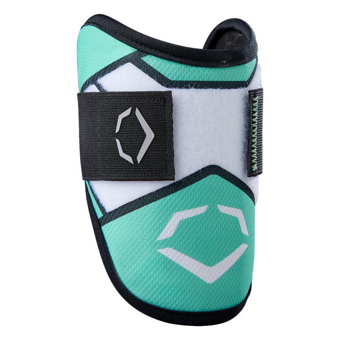 The EvoShield SRZ-2 Youth Batter's Elbow Guard (WB57645) by EvoShield features a seafoam and white design with black trim, an adjustable strap, geometric logos, and Gel-to-Shell technology for a custom-molded fit.