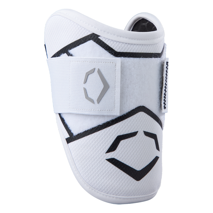 The EvoShield SRZ-2 Youth Batter's Elbow Guard (WB57645) by EvoShield features a white, mesh-like surface with Gel-to-Shell technology for custom fit, black geometric designs, grey logo, and a wide Velcro strap for top comfort and protection.
