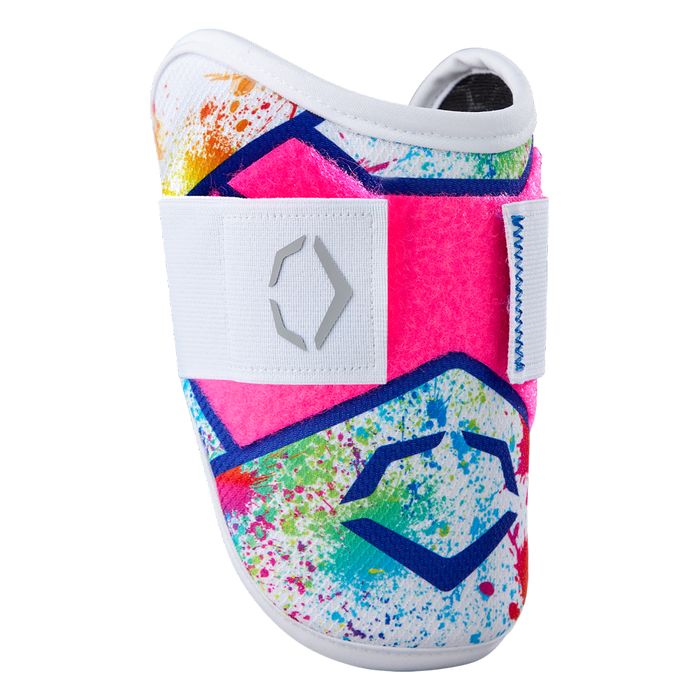 A vibrant EvoShield SRZ-2 Youth Batter's Elbow Guard (Splatter Paint) features a colorful geometric design and white strap with gray logo—perfect for bold style that matches your unique look.