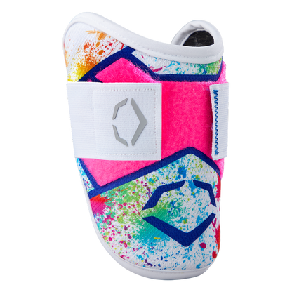 A vibrant EvoShield SRZ-2 Youth Batter's Elbow Guard (Splatter Paint) features a colorful geometric design and white strap with gray logo—perfect for bold style that matches your unique look.
