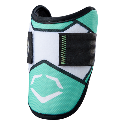 The EvoShield SRZ-2 Youth Batter's Elbow Guard (WB57645) by EvoShield features a teal and white design with black trim, a black Velcro strap, geometric patterns, a white logo on the front, and custom-molding shield technology for superior fit.