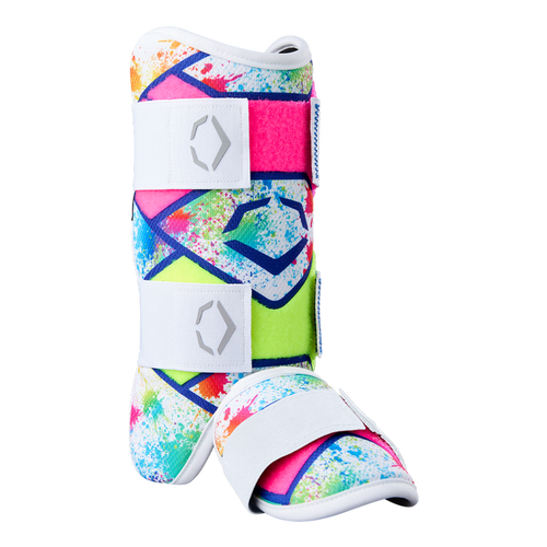 The EvoShield SRZ-2 Youth Batter's Leg Guard by EvoShield features a vibrant splatter pattern in pink, blue, green, and yellow with white adjustable straps and sole—engineered for comfort much like an ergonomic medical walking boot.