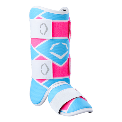 The EvoShield SRZ-2 Youth Batter's Leg Guard (WB57646) by EvoShield features bold blue, pink, and white geometric patterns, two white Velcro straps, and a reinforced foot section—designed for young batters.