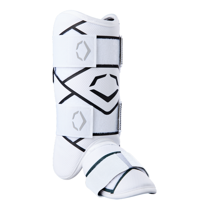 The EvoShield SRZ-2 Youth Batter's Leg Guard (WB57646) by EvoShield is a white ergonomic leg guard with black accents and velcro straps, designed to protect the shin and foot, shown standing on a neutral background.