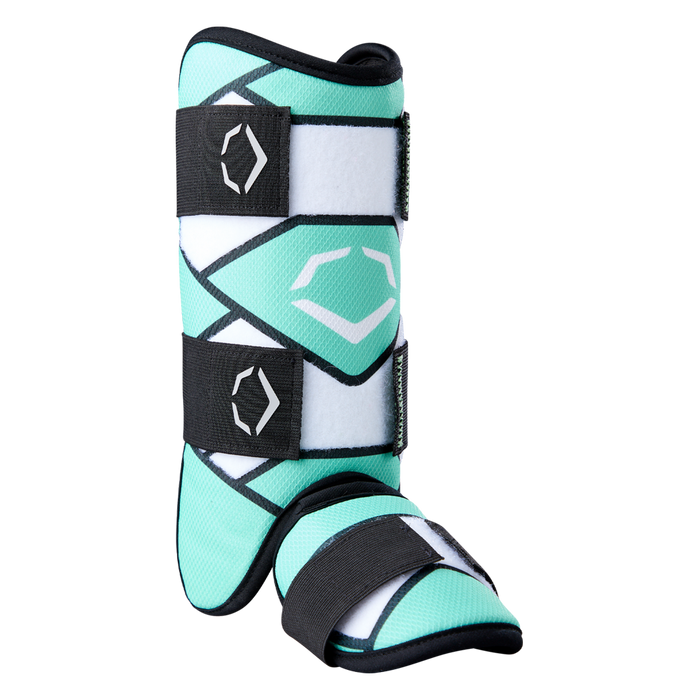 A seafoam EvoShield SRZ-2 Youth Batter's Leg Guard (WB57646) provides leg support and protection for young athletes, similar to a horse boot with Velcro straps and geometric patterns, combining safety and style.