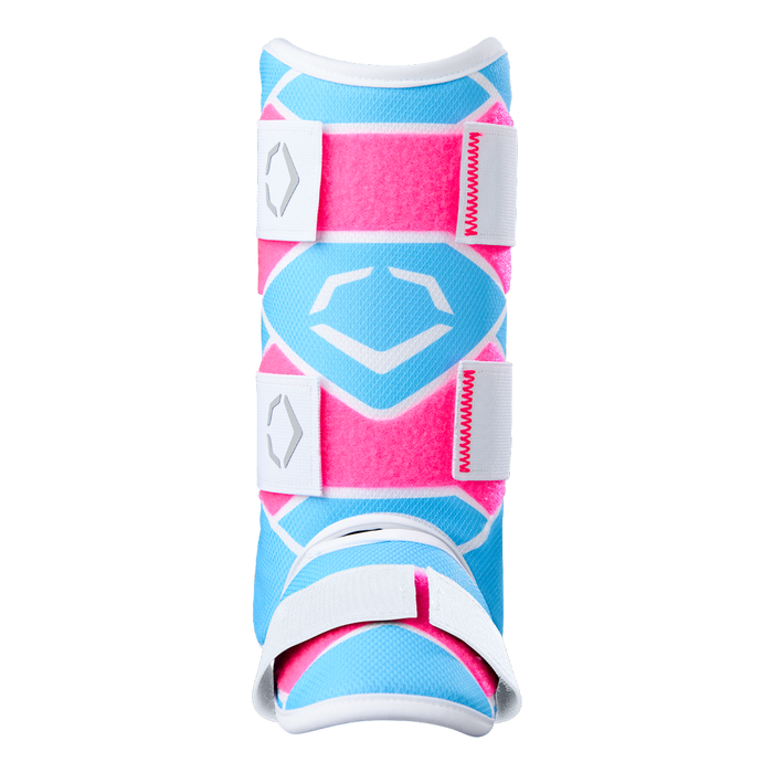 A front view of the EvoShield SRZ-2 Youth Batter's Leg Guard by EvoShield, featuring a blue base, bright pink accents, and white Velcro straps, inspired by protective baseball gear for foot or ankle support.