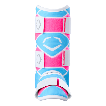A front view of the EvoShield SRZ-2 Youth Batter's Leg Guard by EvoShield, featuring a blue base, bright pink accents, and white Velcro straps, inspired by protective baseball gear for foot or ankle support.