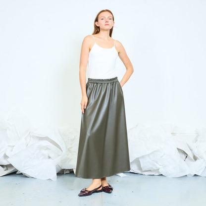 Faux leather flowing midi skirt with elasticated waistband wholesale