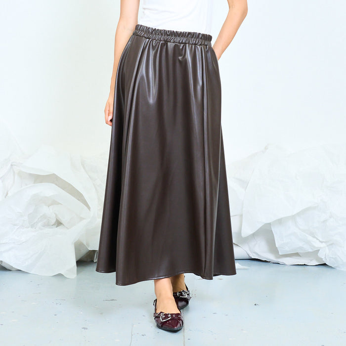 Faux leather flowing midi skirt with elasticated waistband wholesale
