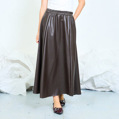 Faux leather flowing midi skirt with elasticated waistband wholesale