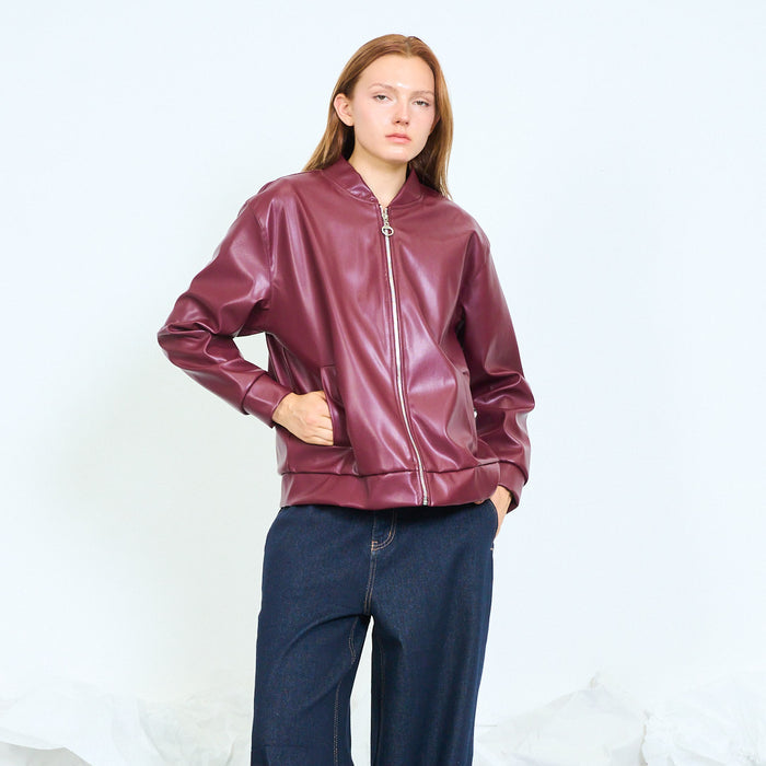 Faux leather ribbed bomber jacket with zip closure wholesale