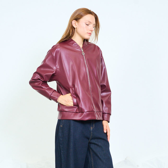 Faux leather ribbed bomber jacket with zip closure wholesale