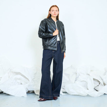 Faux leather ribbed bomber jacket with zip closure wholesale