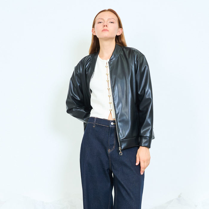 Faux leather ribbed bomber jacket with zip closure wholesale