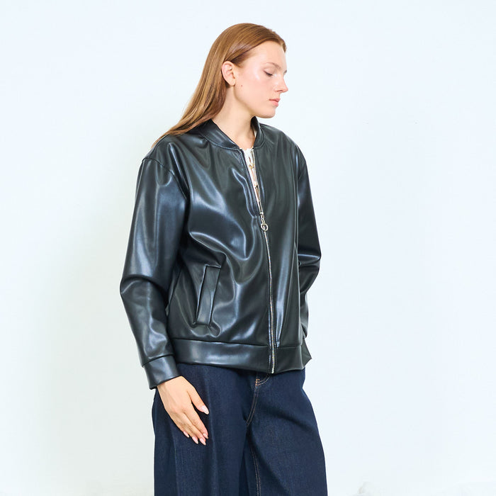 Faux leather ribbed bomber jacket with zip closure wholesale